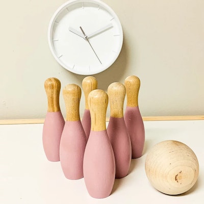 Product image for Blush Wooden Bowling Set; best toys for 3-year-olds