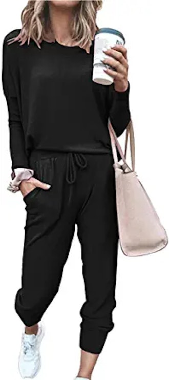 PRETTYGARDEN Solid Color Two Piece Outfit Long Sleeve Crewneck Pullover Top And Long Pants Sweatsuit...