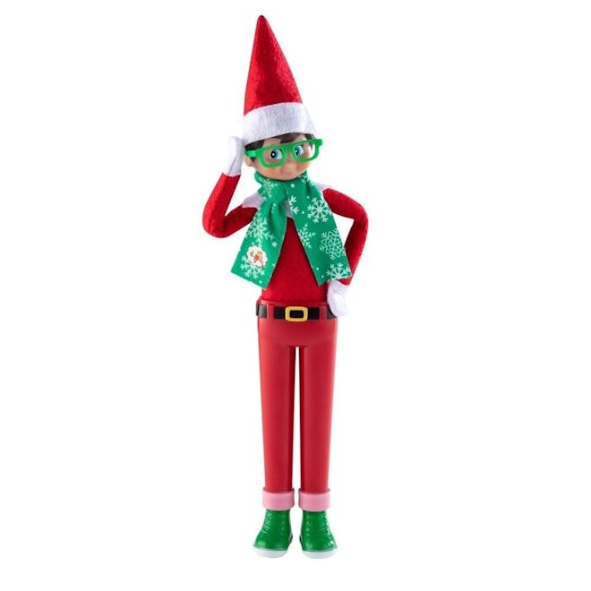 elf on shelf hipster outfit with glasses, green shoes and scarf