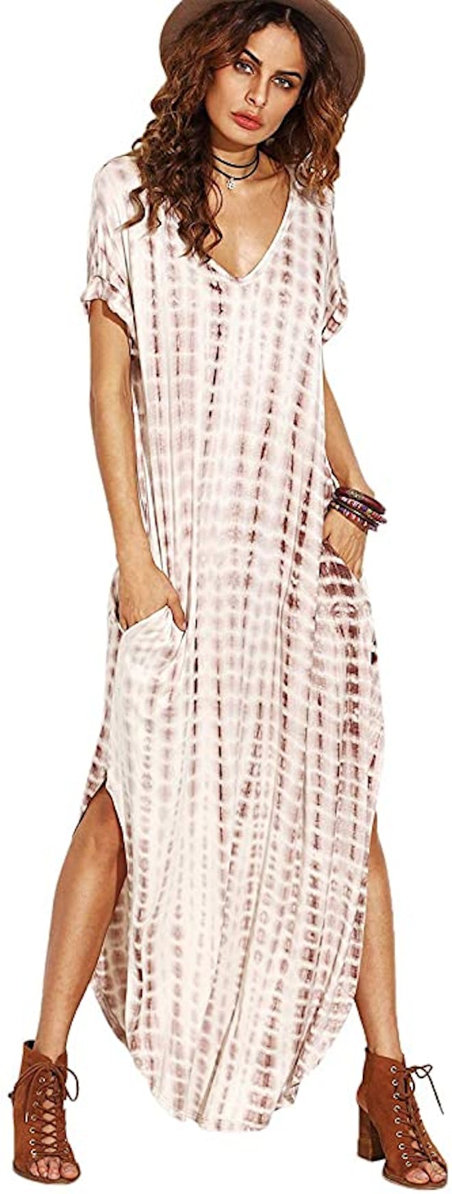 MakeMeChic Boho Maxi Short Sleeve Split Pockets Tie Dye Long Dress