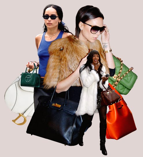 A collage with Zoe Kravitz, Naomi Campbell, and Victoria Beckham and various it bags