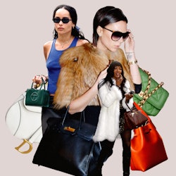 A collage with Zoe Kravitz, Naomi Campbell, and Victoria Beckham and various it bags 
