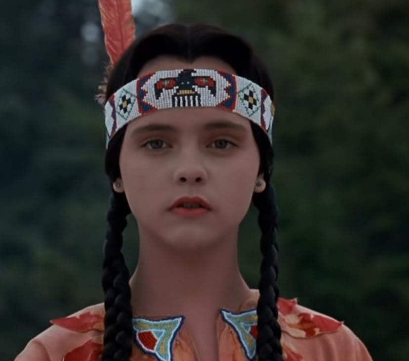 Wednesday Addams inaccurately dressed as an Indigenous American as she gives an anti-colonial speech...