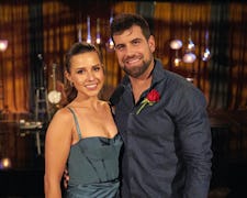 Katie Thurston and Blake Moynes pose for a photo after getting engaged on ABC's The Bachelorette.
