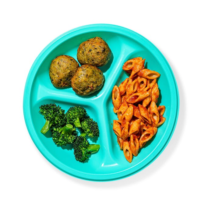 little spoon penne,  broccoli, and kale meatballs on plate