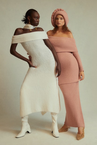 Two models wearing off the shoulder knit clothing
