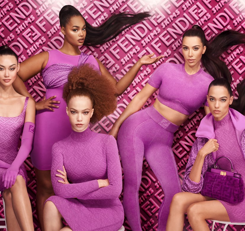 Models, including Kim Kardashian, wear the Fendi x SKIMS collaboration.