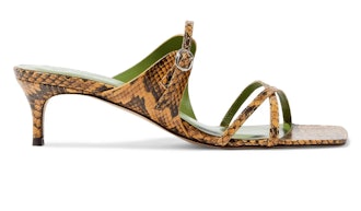 BY FAR's snake print leather sandals. 