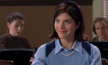 Selma Blair's outfits in Legally Blonde include a powder blue matching sweater set.