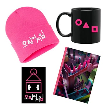 This 'Squid Game' merch bundle includes a beanie, coffee mug, magnet, and notebook.