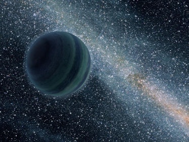 An artist's illustration of a rogue planet drifting alone in deep space.