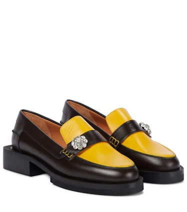 Crystal Embellished Leather Loafers Ganni
