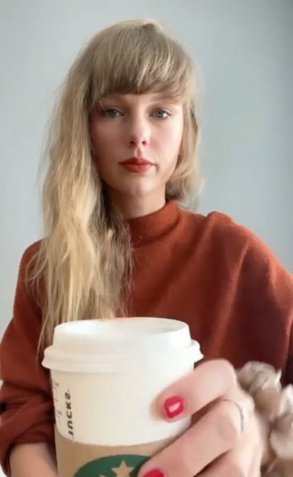 Taylor Swift in orange lipstick drinking Starbucks