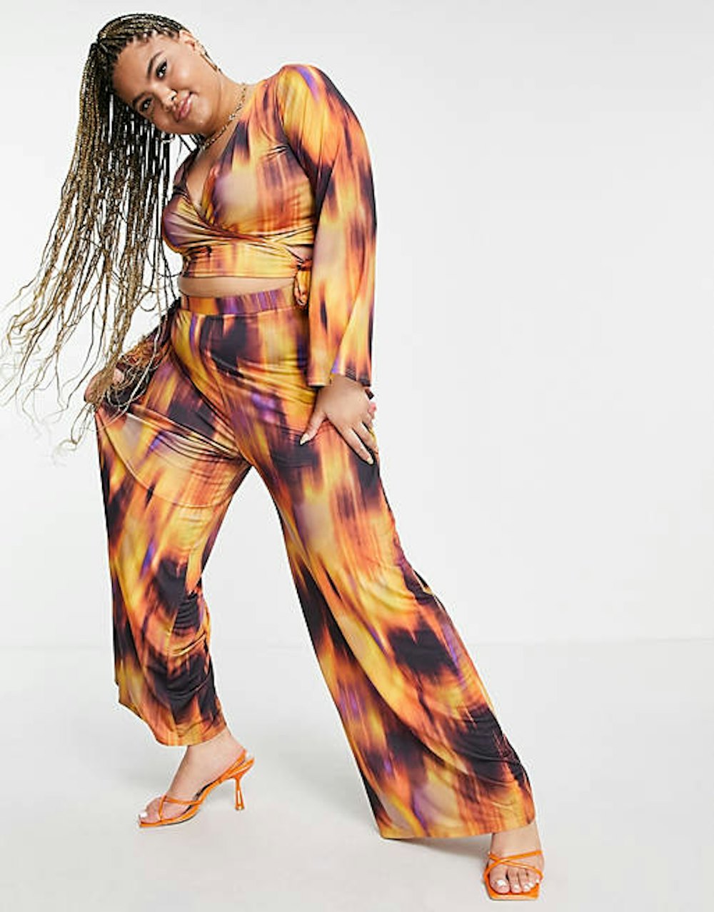 ASOS DESIGN Curve Coordinating Pull-On Wide Leg Pants in 70s Flame print
