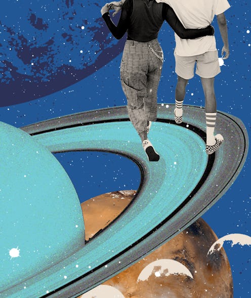 An illustration of a man and a woman walking across Saturn's rings. Here are 9 astrology tiktok acco...