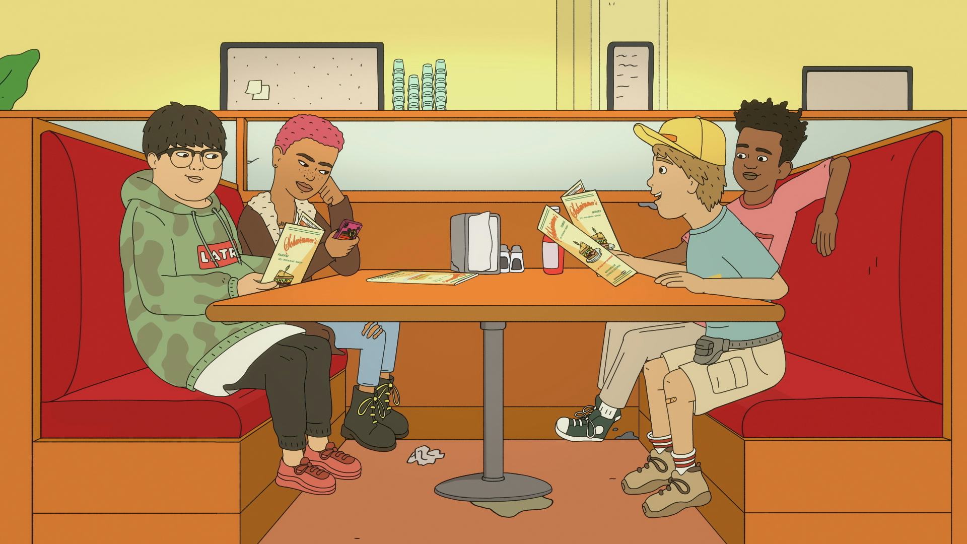 An image from Amazon series 'Fairfax' showing the four main characters, Benny, Derica, Dale, and Tru...
