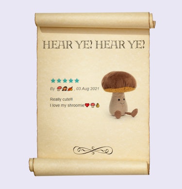 A scroll advertising a stuffed toy of a mushroom