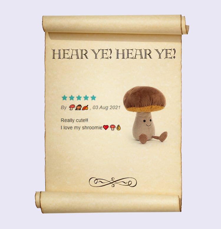 A scroll advertising a stuffed toy of a mushroom