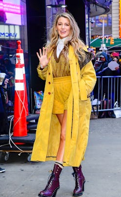Blake Lively wearing lace-up booties and a yellow outfit January 28, 2020 in New York City.