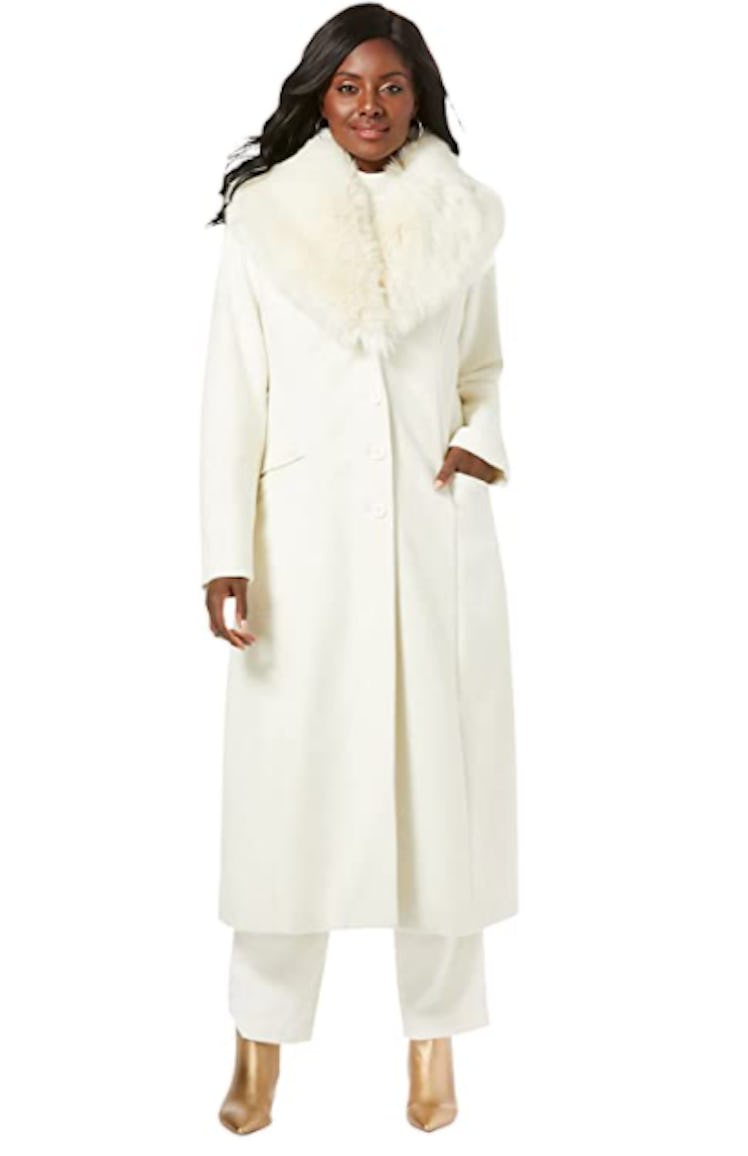 Jessica London Plus Size Long Wool-Blend Coat With Faux Fur Collar