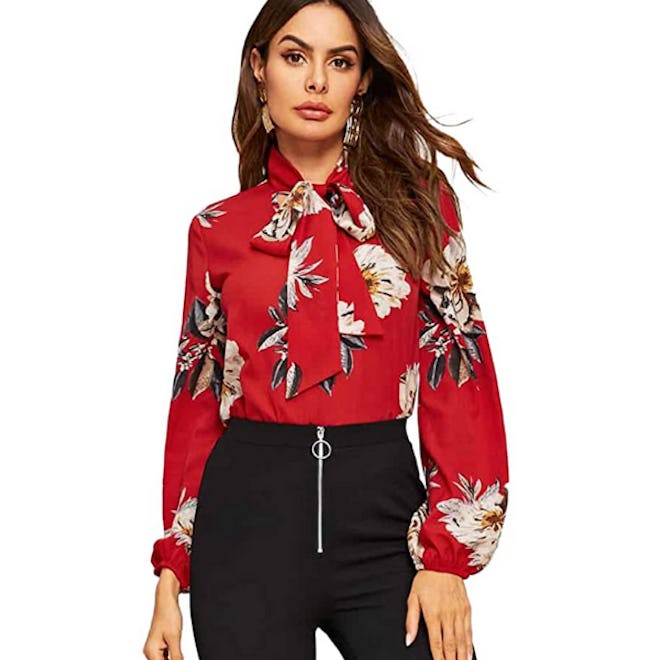 Floerns  Floral Print Bow Tied Blouse