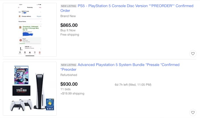 A screenshot from an eBay listing for the PS5