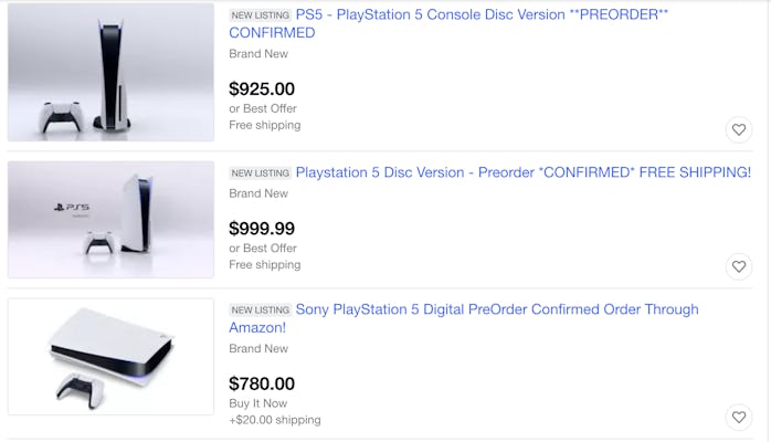 A screenshot from an eBay listing for the PS5