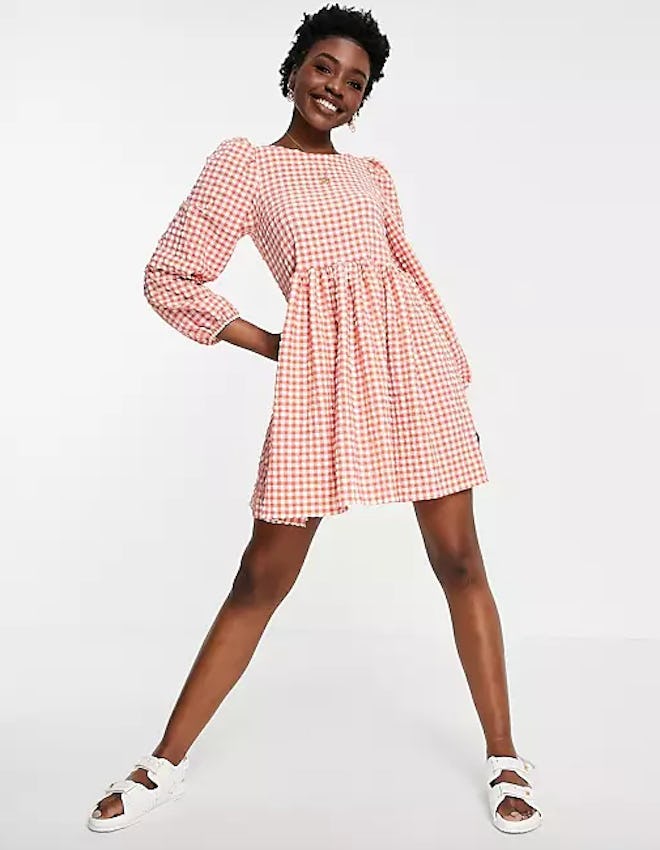 Asos Design Tall textured mini smock dress with strappy back in red gingham