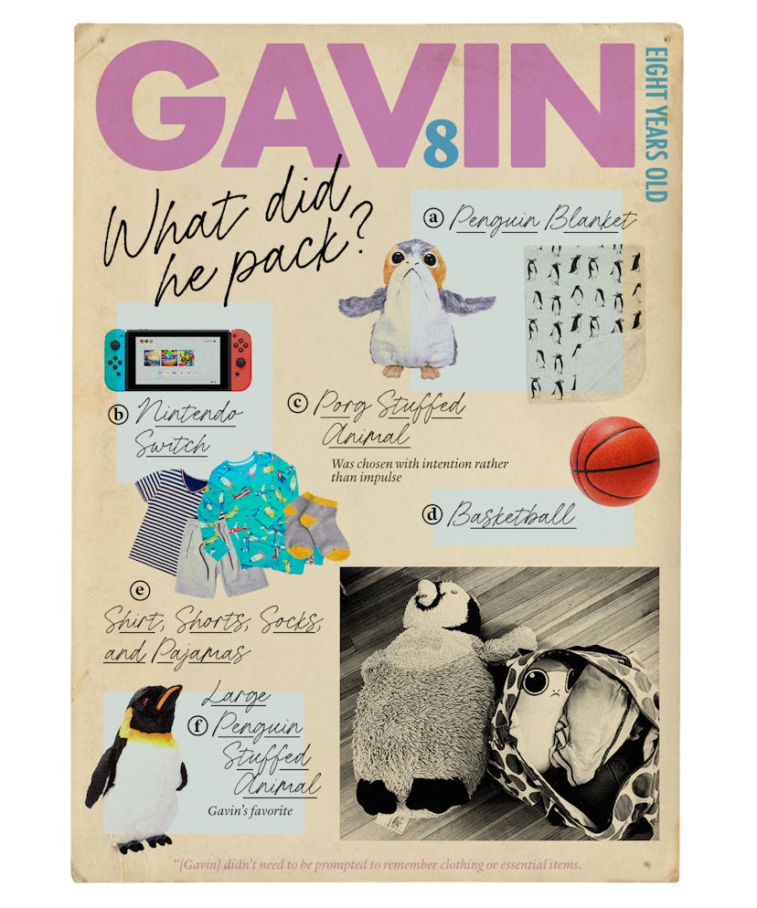 Gavin packed a penguin blanket, a stuffed animal, a Nintendo Switch, a basketball, shirt, shorts, so...