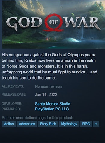 A screenshot of the details for the upcoming God of War game on Steam 