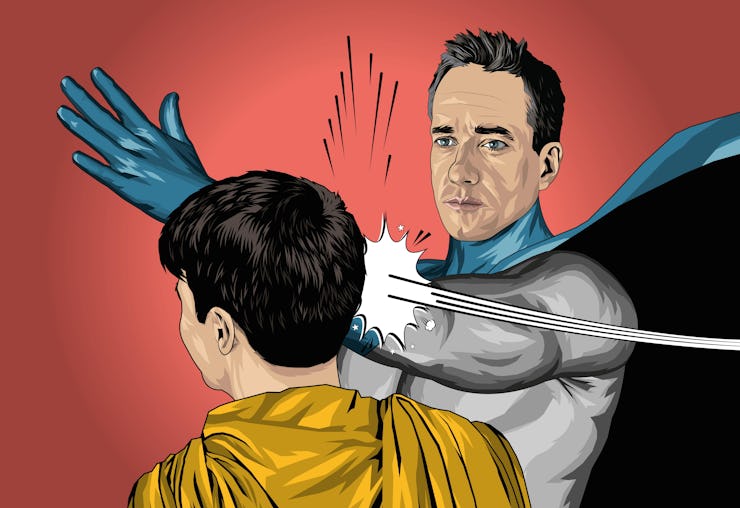 Succession meets Batman: Matthew McFadyen as Tom Wambsgams as Batman and Nicholas Braun as Cousin Gr...