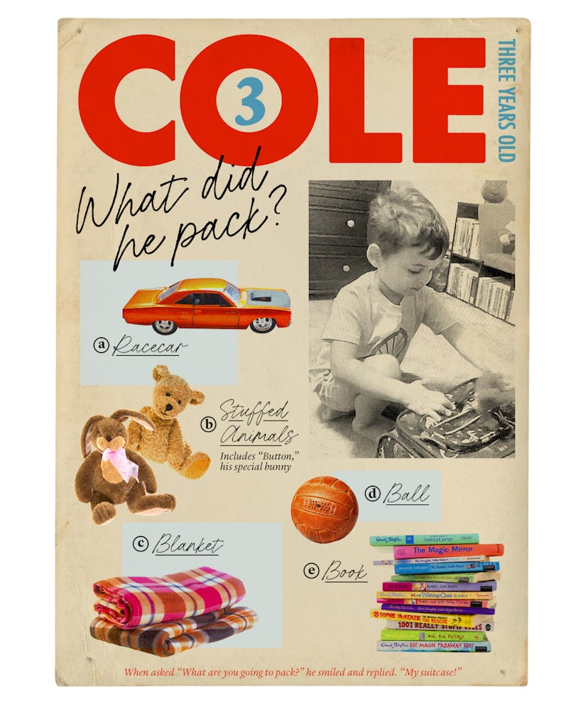 Cole packed: a race car, stuffed animals, a blanket, a ball, and a book.
