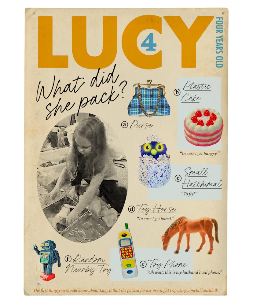 Lucy packed a purse, a plastic cake, a small Hatchimal, a toy horse, a toy phone, and a random nearb...