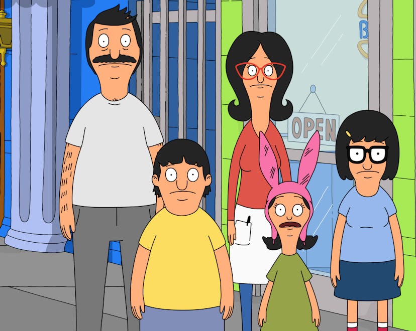 The Belcher Family stands in front of Bob's Burgers.