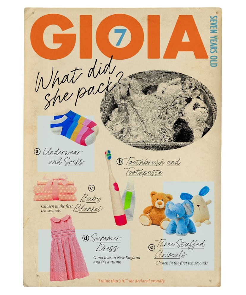 Gioia packed a blanket, three stuffed animals, a toothbrush and toothpaste, a summer dress, under we...