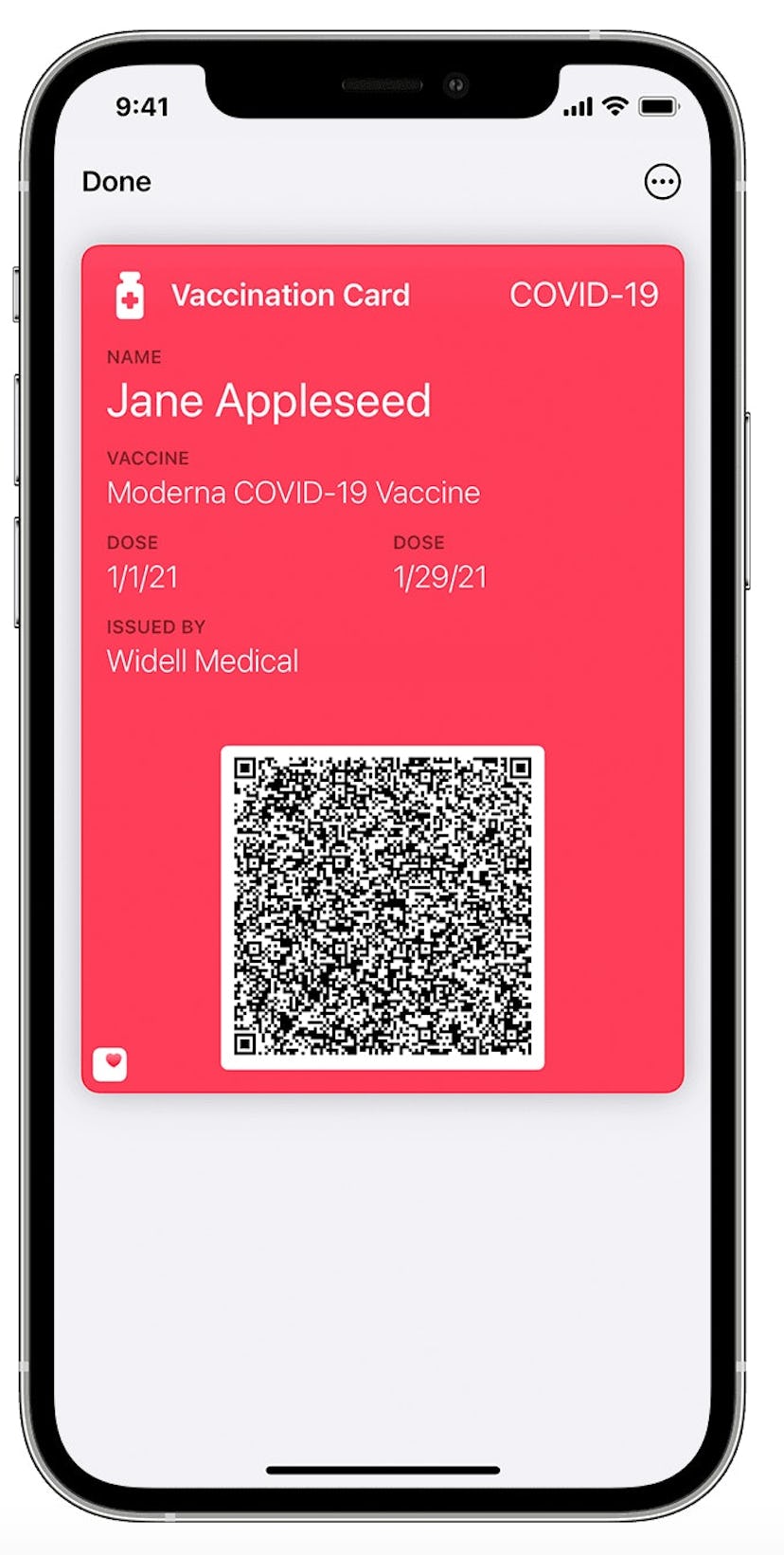 A screenshot of the Apple Wallet with a vaccine card on it.