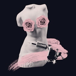 A collage with a torso with pink roses covering the breast area, and tattoo ink machine