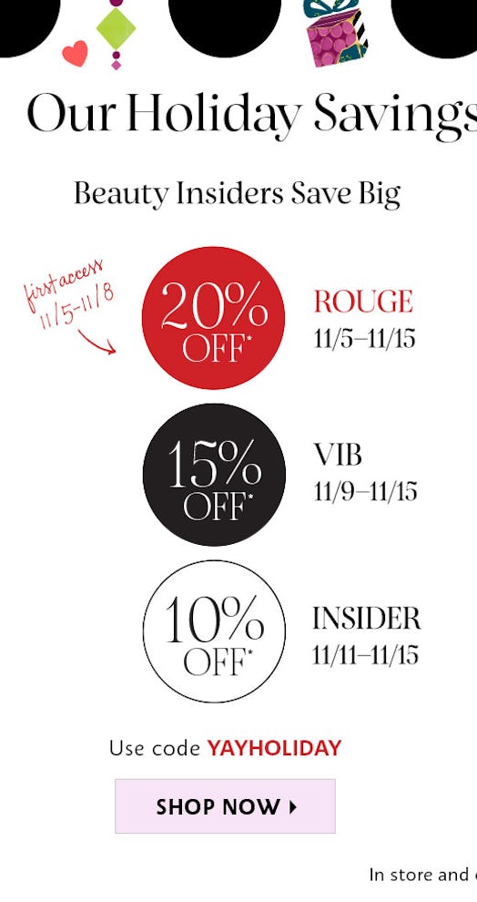 Sephora's holiday savings event details for all membership levels.