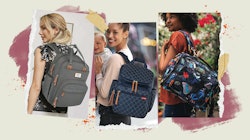 A three-part collage with women wearing stylish diaper bag backpacks that are as practical as they a...