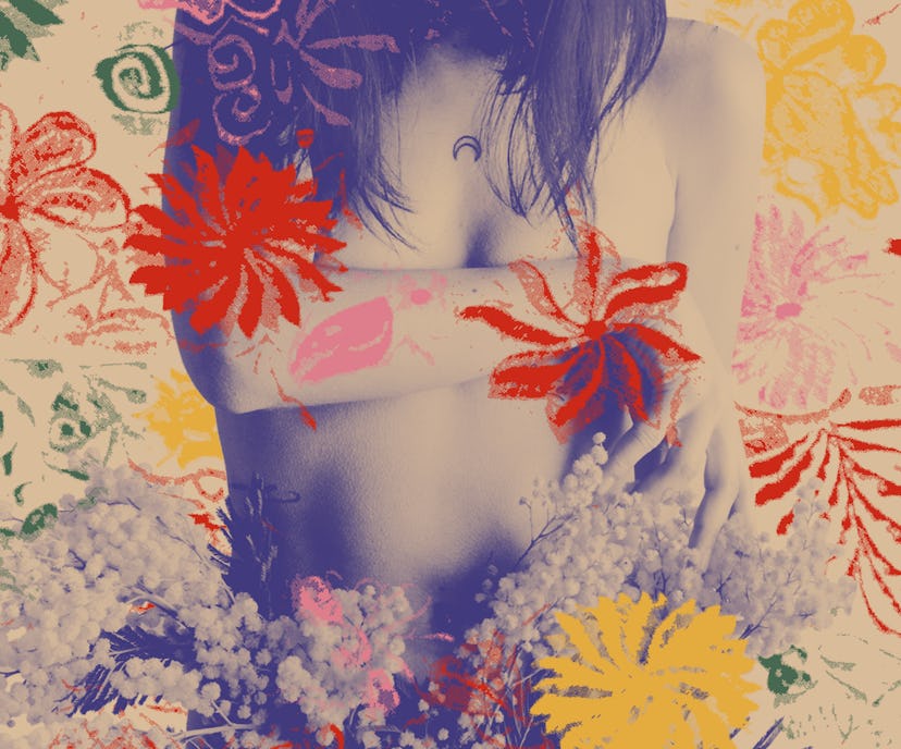 A woman covers her breasts while illustrations of flowers surround her