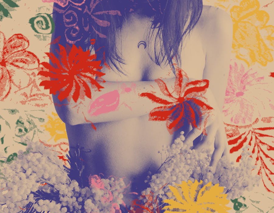 A woman covers her breasts while illustrations of flowers surround her