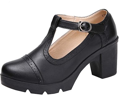 DADAWEN Leather  T-Strap Platform Chunky  Oxfords