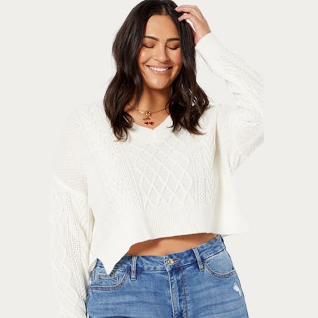 Plus White Cable V Neck Crop Sweater