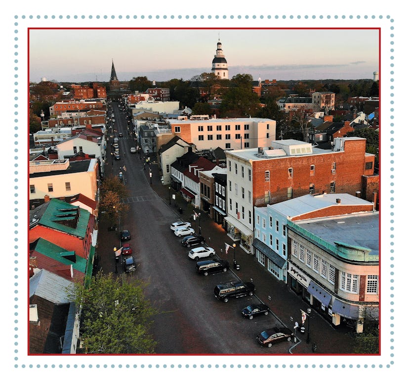 An aerial view from a drone shows the city's historic district and the Maryland State House, on Apri...