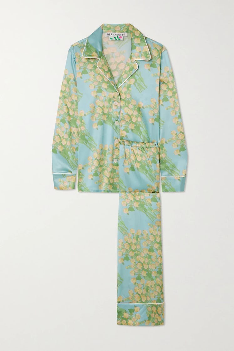 Bernadette's blue piped floral-print satin pajama set. 