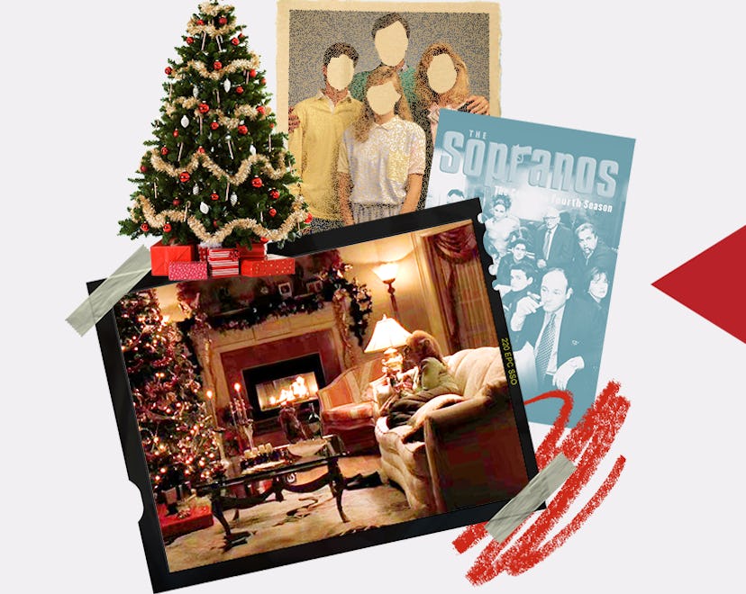A collage with a living room, Christmas tree, family photo and 'The Sopranos' cover