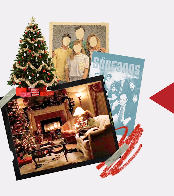 A collage with a living room, Christmas tree, family photo and 'The Sopranos' cover