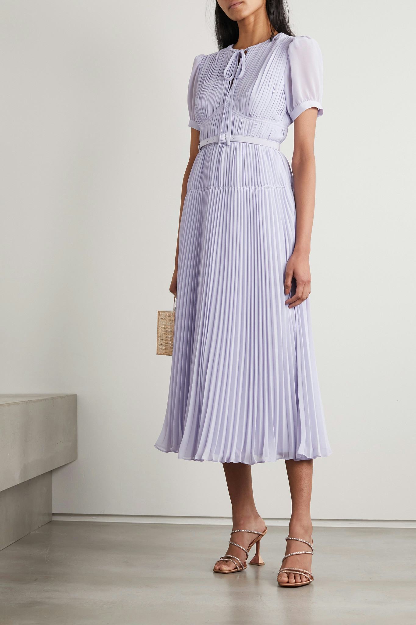 Self-Portrait Belted Pleated Chiffon Midi Dress