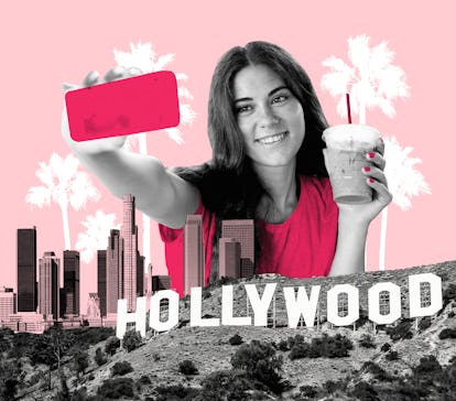 A girl holds up a coffee from one of the hidden gem cafes in Los Angeles based on TikTok recommendat...