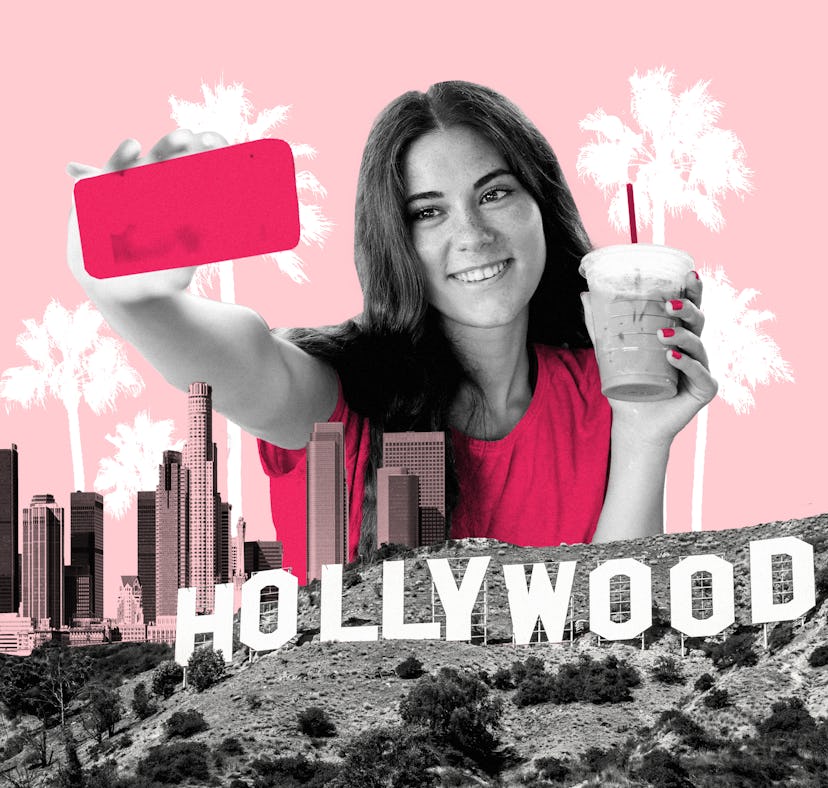 A girl holds up a coffee from one of the hidden gem cafes in Los Angeles based on TikTok recommendat...